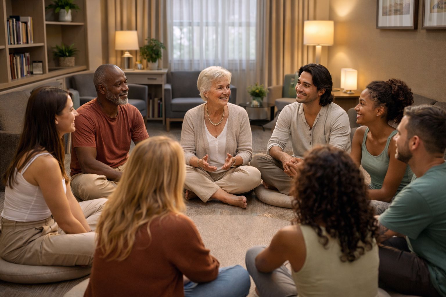 Les particpants d'un groupe de parole échangent dans un espace convivial et zen