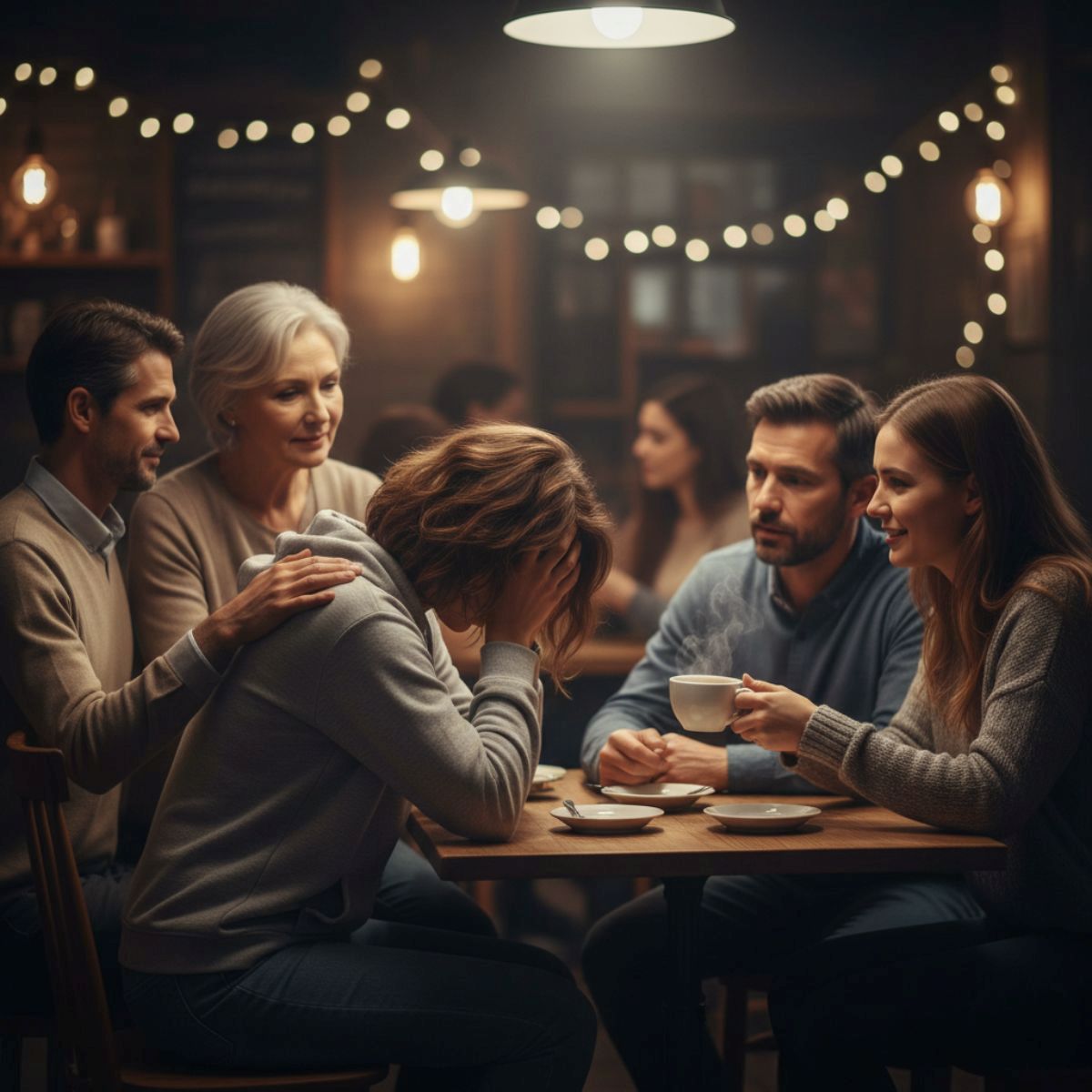 Une femme anxieuse se fait rassurer par ses proches