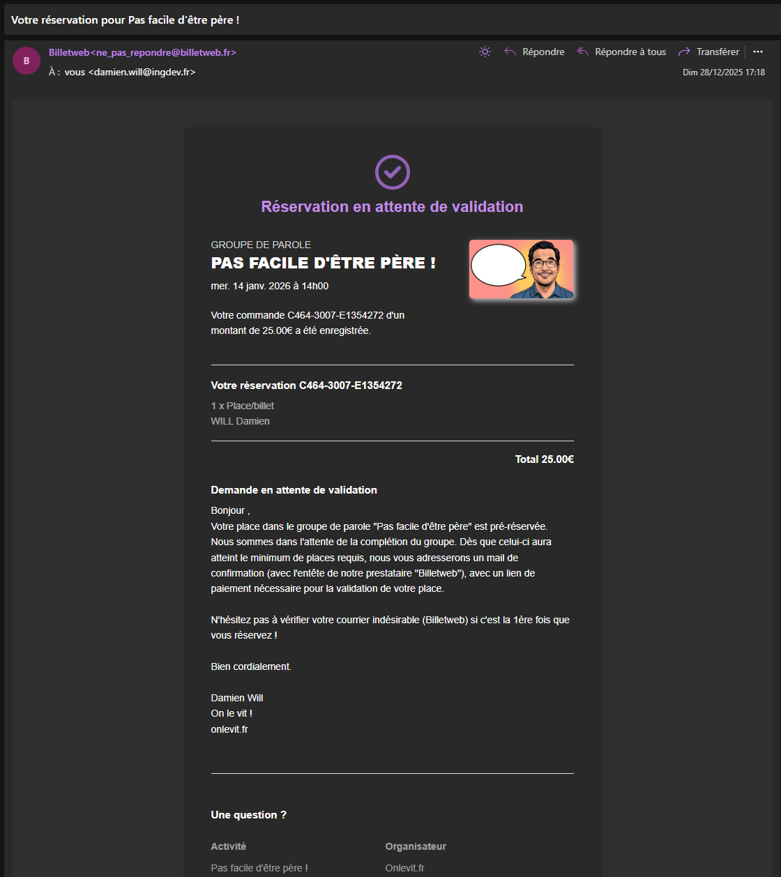 Mail de confirmation de réservation