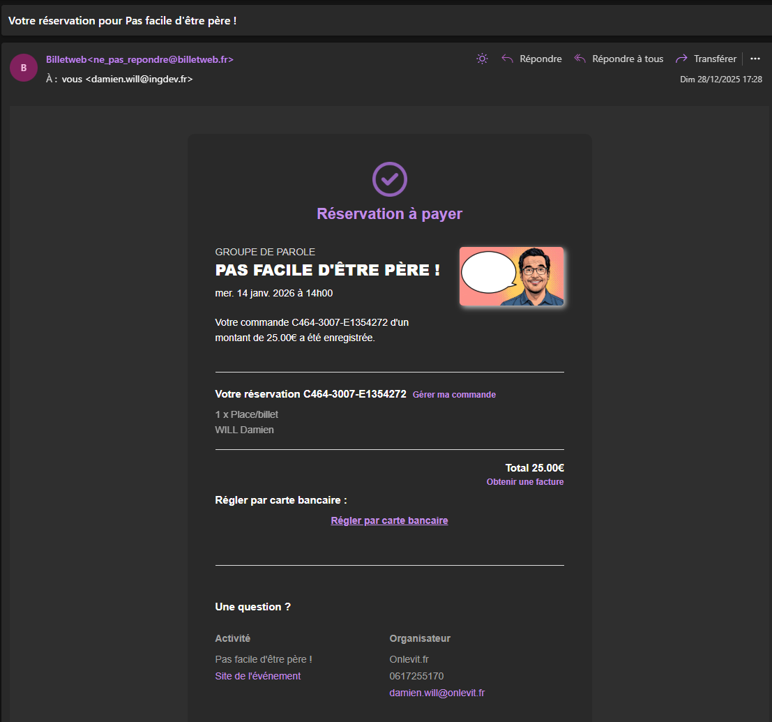 Mail de confirmation du groupe