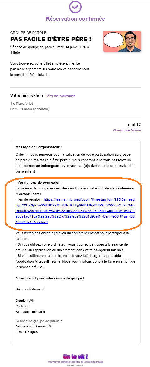 mail de confirmation avec lien visioconférence Teams