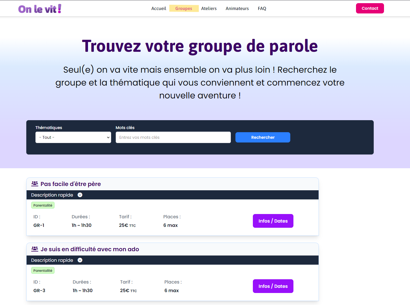 Page des groupes